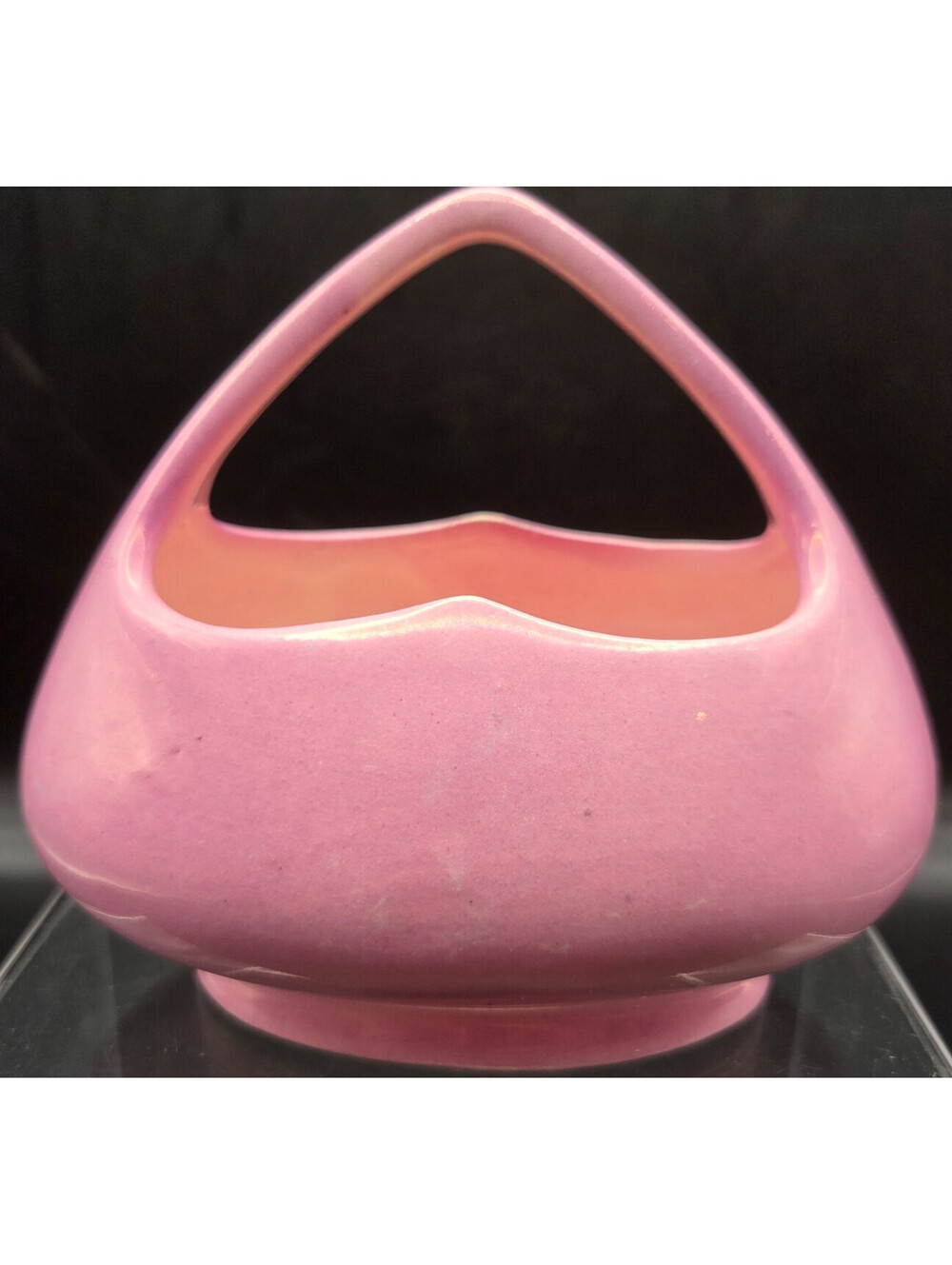 Vintage Pink Ceramic Basket Vase Art Pottery Czechoslovakia Mid Century Modern